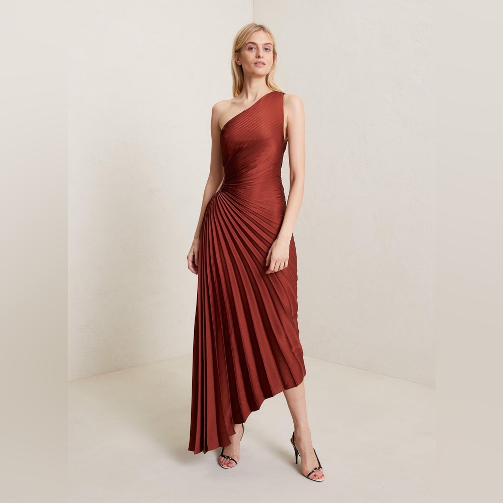 A.L.C. Delfina Pleated Long Asymmetric One-Shoulder Dress - Brunette Size 4